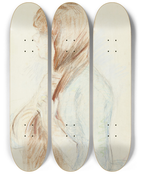 Triptych art skateboard deck of Berthe Morisot Girl Plaiting Her Hair La Natte by Berthe Morisot (1841-1895)