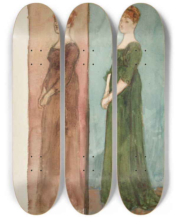 Triptych art skateboard deck of Edwin Austin Abbey Two Sketches Of A Woman Dressed In Red In Green Costume Studies For A Play by Edwin Austin Abbey (1852-1911)
