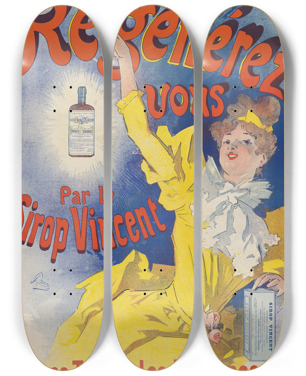 Triptych art skateboard deck of Jules Chret Sirop Vincent by Jules Cheret (1836-1932)