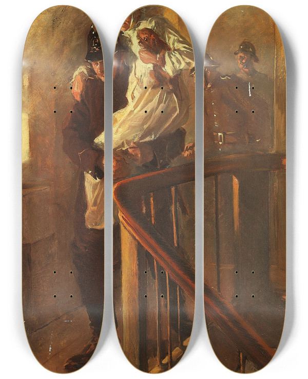 Triptych art skateboard deck of Erik Henningsen Brandmand Redder En Gammel Dame by Erik Henningsen (1855-1930)