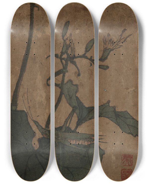 Triptych art skateboard deck of Keisai Eisen Batta by Keisai Eisen (1790-1848)