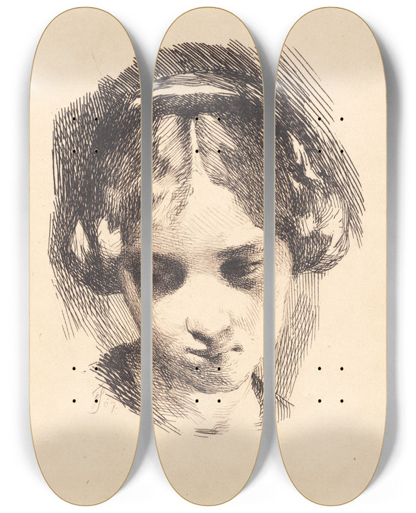 Triptych art skateboard deck of Frans Schwartz Hoved Af En Ung Pige Set Forfra by Frans Schwartz (1850-1917)