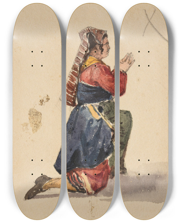 Triptych art skateboard deck of Jacquesraymond Brascassat Tude De Femme Agenouille by Jacques Raymond Brascassat (1804-1867)