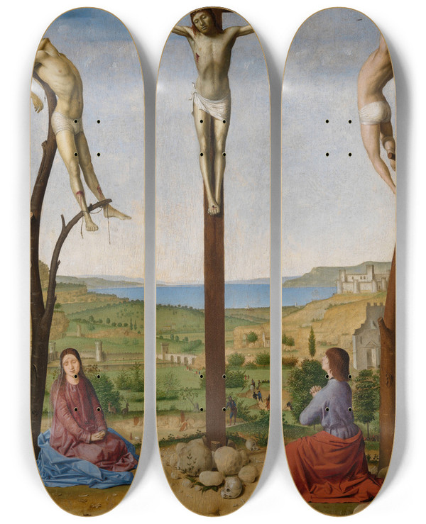 Triptych art skateboard deck of Antonello Da Messina Calvary by Antonello Da Messina (1430-1479)