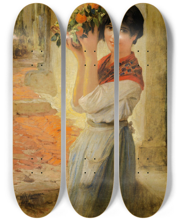 Triptych art skateboard deck of Frederick Arthur Bridgman Young Nioise With A Basket by Frederick Arthur Bridgman (1847-1928)
