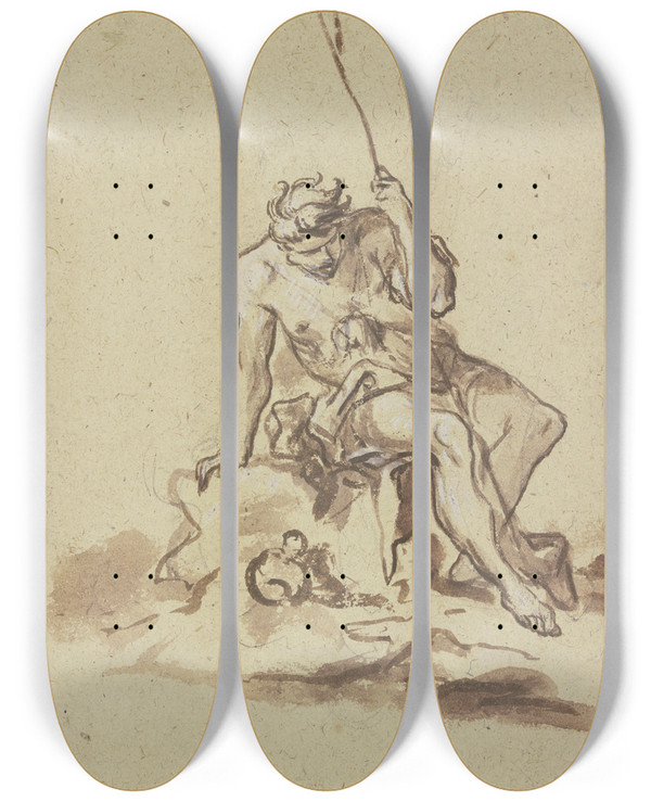 Triptych art skateboard deck of Alessandro Magnasco Sitting Shepherd by Alessandro Magnasco (1667-1749)
