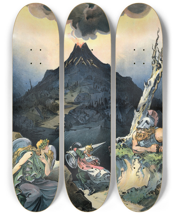 Triptych art skateboard deck of Udo Keppler Futility by Udo Keppler (1872-1956)