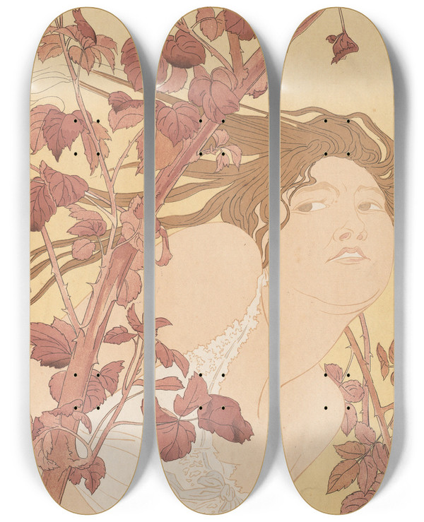 Triptych art skateboard deck of Henri Detouche In The Brambles by Henri Detouche (1854-1913)
