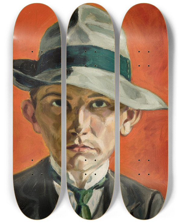 Triptych art skateboard deck of Oskar Kallis Self Portrait by Oskar Kallis (1892-1918)