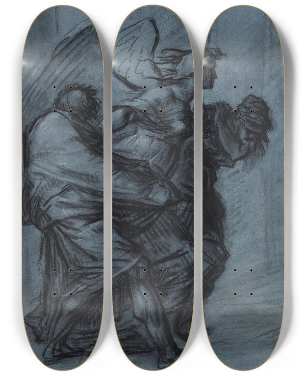 Triptych art skateboard deck of Pierrepaul Prudhon Etude Pour La Justice Et La Vengeance Divine Poursuivant Le Crime by Pierre-Paul Prud'hon (1758-1823)