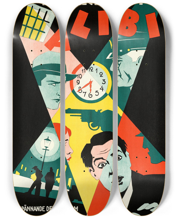 Triptych art skateboard deck of Eric Rohman Alibi by Eric Rohman (1891-1949)