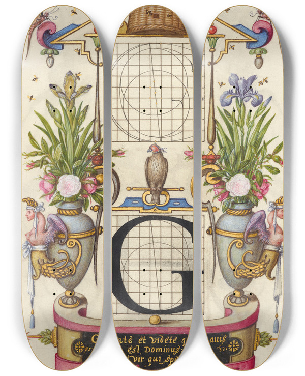 Triptych art skateboard deck of Joris Hoefnagel Guide For Constructing The Letter G by Joris Hoefnagel (1542-1600)