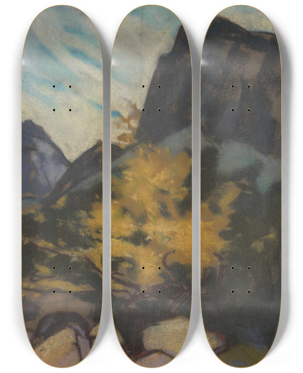 Triptych art skateboard deck of Zolo Palugyay Rocky Landscape With A Yellow Tree by Zolo Palugyay (1898-1935)