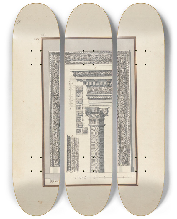 Triptych art skateboard deck of Giovanni Battista Borra Details Of The Theater Composed Of The Composite Order At Hierapolis Now Pamukkale by Giovanni Battista Borra (1713-1770)
