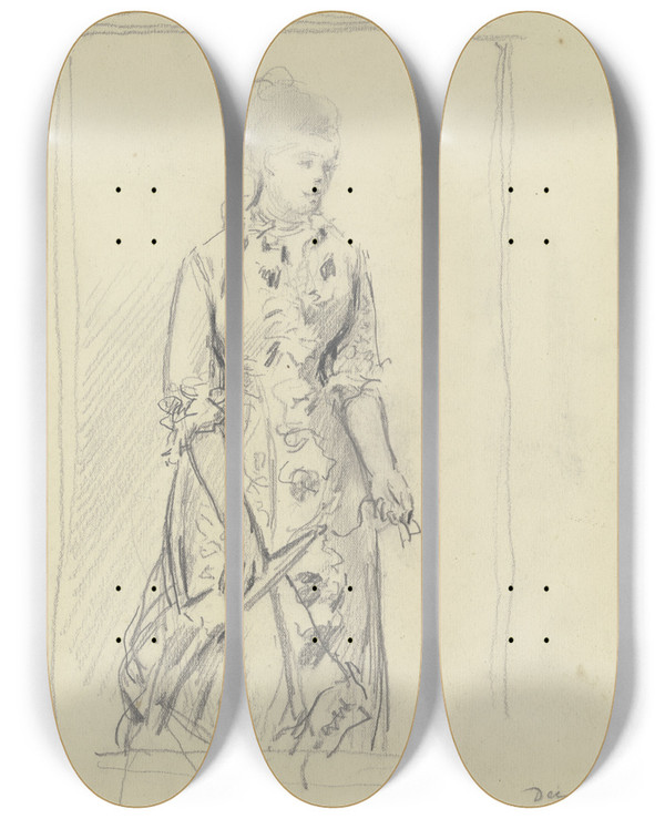 Triptych art skateboard deck of Otto Scholderer Lady With Fan_1 by Otto Scholderer (1834-1902)