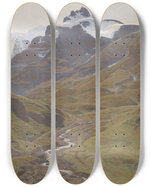 Triptych art skateboard deck of Auguste Baudbovy View Of The Wilde Frau Wild Woman From The Bundalp by Auguste Baud Bovy (1848-1899)