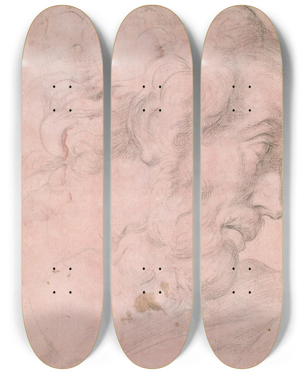 Triptych art skateboard deck of Giovanni Angelo Canini Head Of A Bearded Man by Giovanni Angelo Canini (1609-1666)