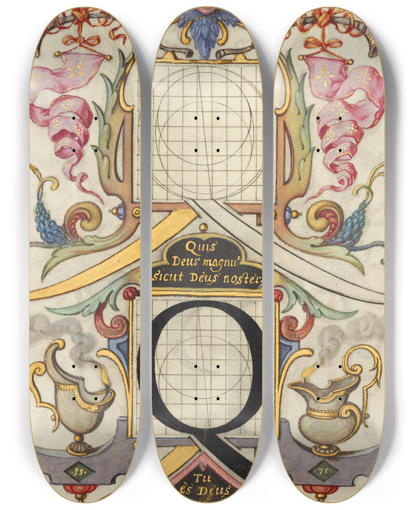 Triptych art skateboard deck of Joris Hoefnagel Guide For Constructing The Letter Q by Joris Hoefnagel (1542-1600)