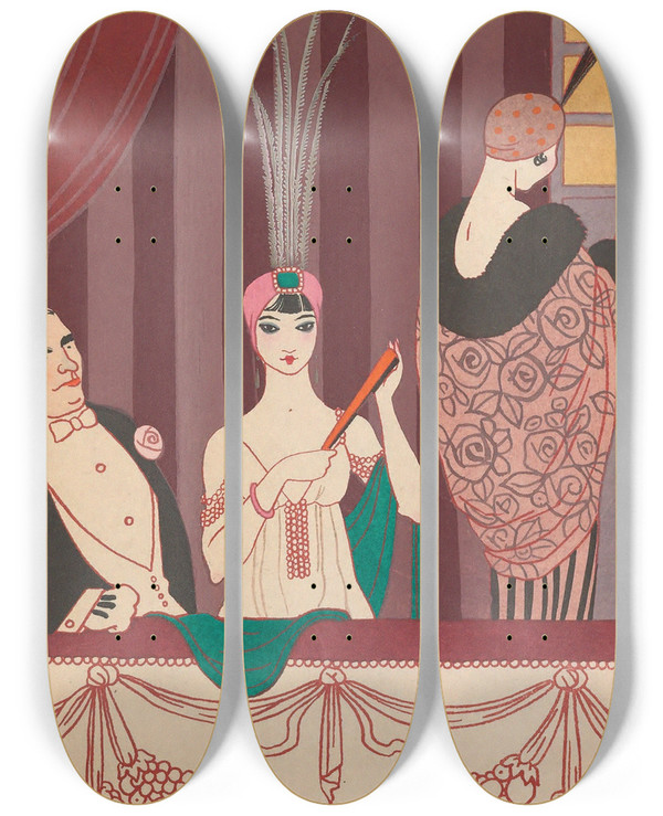 Triptych art skateboard deck of George Barbier La Loge by George Barbier (1882-1932)