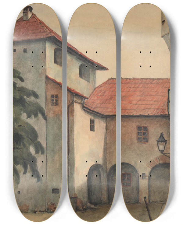 Triptych art skateboard deck of Ladislav Tresko Courtyard In Zvolen by Ladislav Treskon (1900-1923)