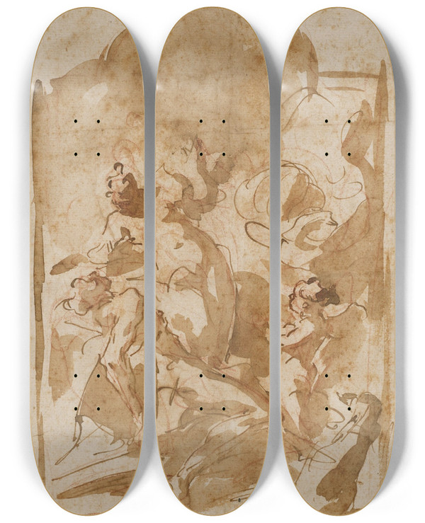 Triptych art skateboard deck of Gaspare Diziani Diana And Endymion_1 by Gaspare Diziani (1689-1767)