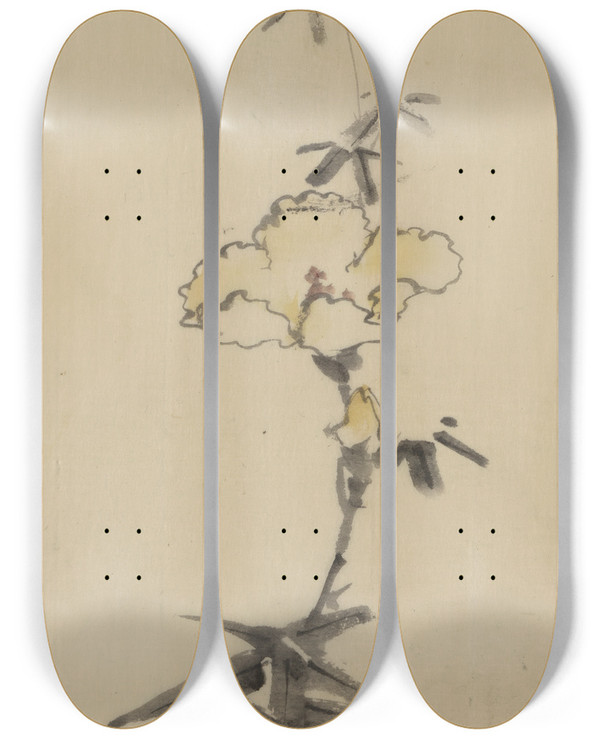 Triptych art skateboard deck of Katsushika Hokusai Yellow Blossom With Bud On A Stalk Above Leaves by Katsushika Hokusai (1760-1849)