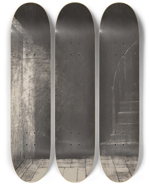 Triptych art skateboard deck of Odilon Redon I Saw A Flash Of Light Large And Pale by Odilon Redon (1840-1916)