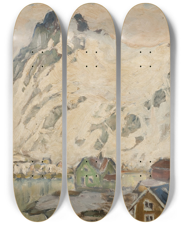 Triptych art skateboard deck of Anna Boberg At The Foot Of The Mountain Study From Lofoten by Anna Boberg (1864-1935)