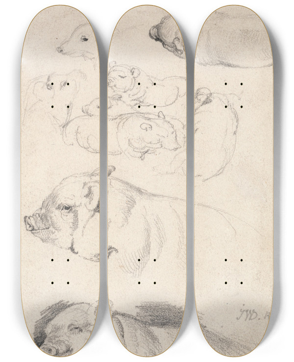 Triptych art skateboard deck of James Ward Studies Of Pigs by James Ward (1769-1859)