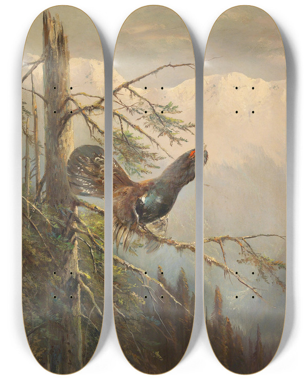 Triptych art skateboard deck of Moritz Mller Balzender Auerhahn by Moritz Melzer (1841-1899)
