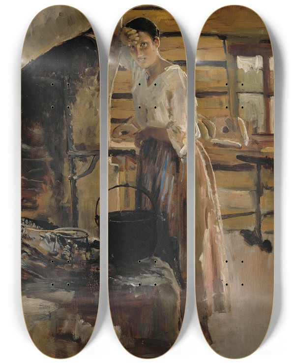 Triptych art skateboard deck of Akseli Gallenkallela Woman Cooking Whitefish by Akseli Gallen Kallela (1865-1931)