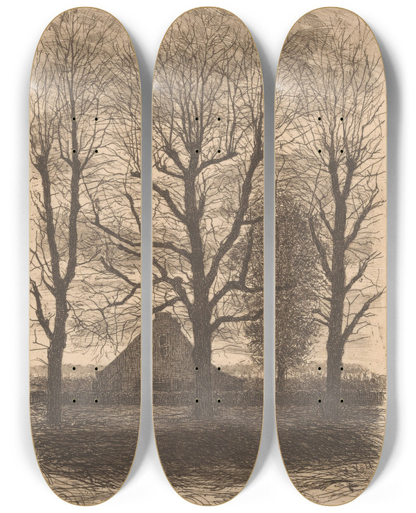 Triptych art skateboard deck of Jan Veth Boerderij Tussen Hoge Bomen Ewijkshoeve by Jan Veth (1864-1925)