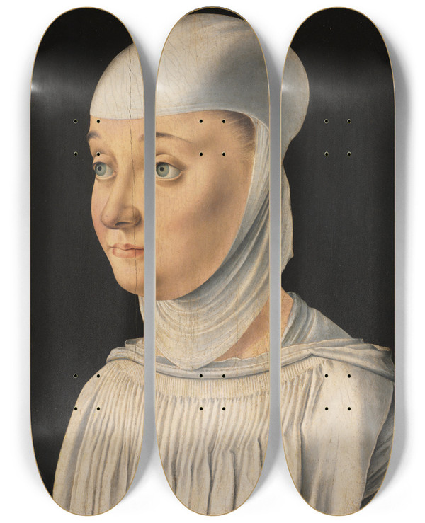Triptych art skateboard deck of Jacometto Veneziano Portrait Of A Woman Possibly A Novice Of San Secondo by Jacometto Veneziano (1472-1497)