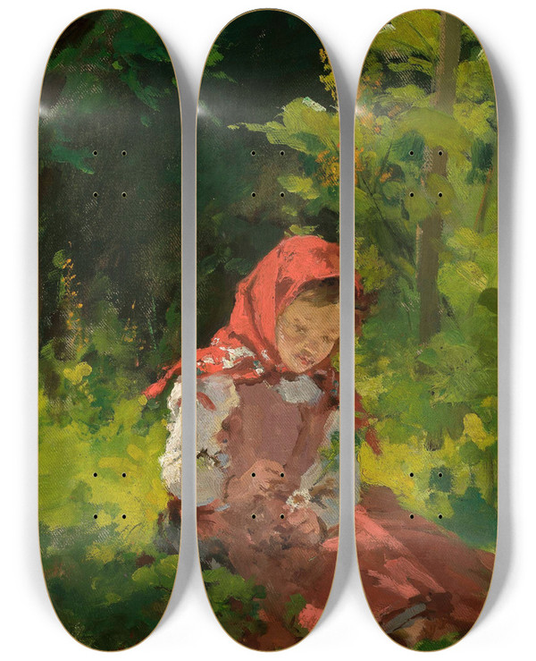 Triptych art skateboard deck of Kazimierz Alchimowicz Girl In A Forest by Kazimierz Alchimowicz (1840-1916)