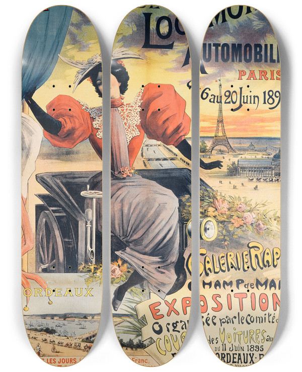 Triptych art skateboard deck of E Clouet Exposition De Locomotion Automobile Paris by E Clouet (19-)
