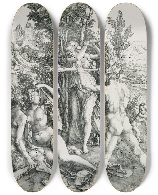 Triptych art skateboard deck of Albrecht Drer The Combat Of Vitue And Pleasure In The Presence Of Hercules by Albrecht Durer (1471-1528)