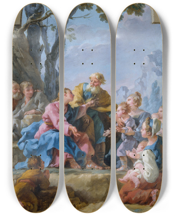 Triptych art skateboard deck of Nel Hall Le Christ Et Les Petits Enfants by Noel Halle (1711-1781)