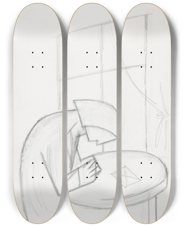 Triptych art skateboard deck of Marian Kopf List Rysunek Dwustronny Na Odwrocie Szkic Do Obrazu Panzerzug by Marian Kopf (1926-2019)