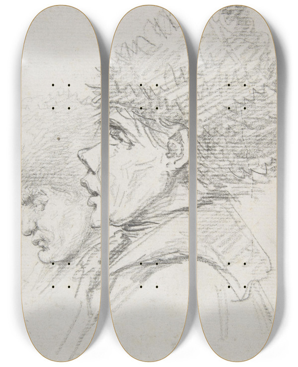 Triptych art skateboard deck of Vivant Denon Profile Of Two Soldiers Wearing Fur Caps by Vivant Denon (1747-1825)