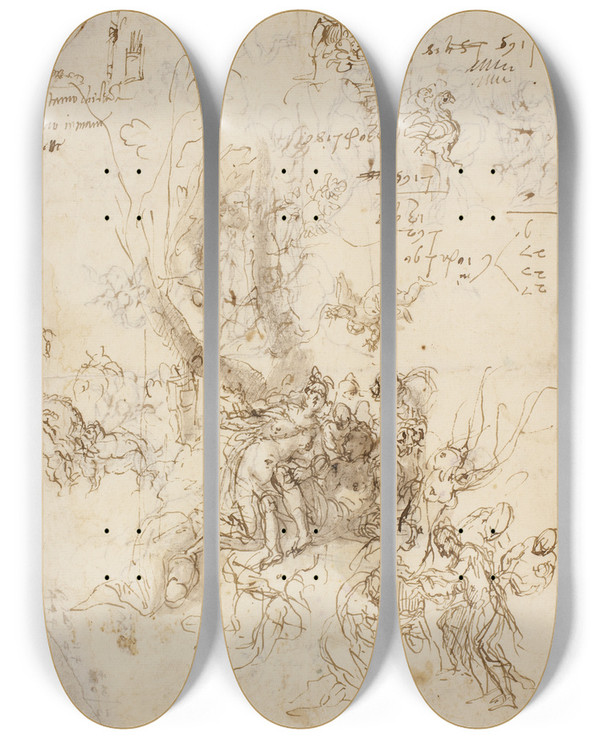 Triptych art skateboard deck of Paolo Veronese Skitser Til Adonis Fdsel Og Adonis Dd by Paolo Veronese (1528-1588)