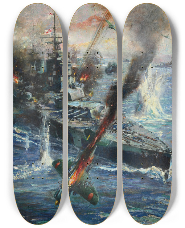 Triptych art skateboard deck of Terence Cuneo Aircraft Attack British Battleship by Terence Cuneo (1907-1996)