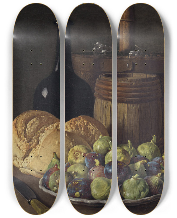 Triptych art skateboard deck of Luis Melndez Still Life With Figs And Bread by Luis Melendez (1716-1780)
