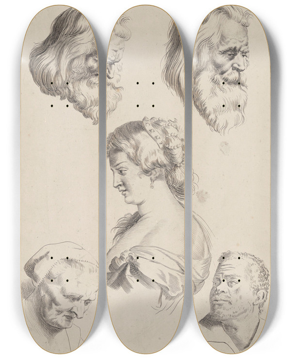 Triptych art skateboard deck of Peter Paul Rubens Study Of Heads_1 by Peter Paul Rubens (1577-1640)