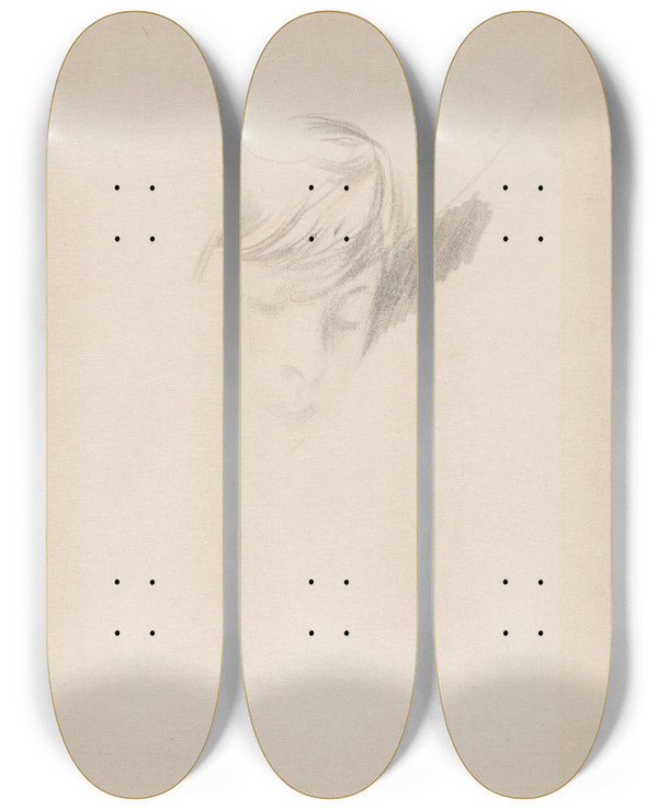 Triptych art skateboard deck of Giovanni Boldini Study Of The Head Of A Lady by Giovanni Boldini (1842-1931)