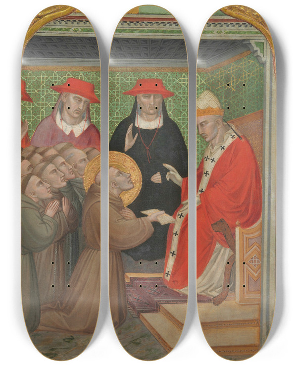 Triptych art skateboard deck of Spinello Aretino Saint Francis Before The Pope The Approva Of The Franciscan Rule by Spinello Aretino (1350-1410)