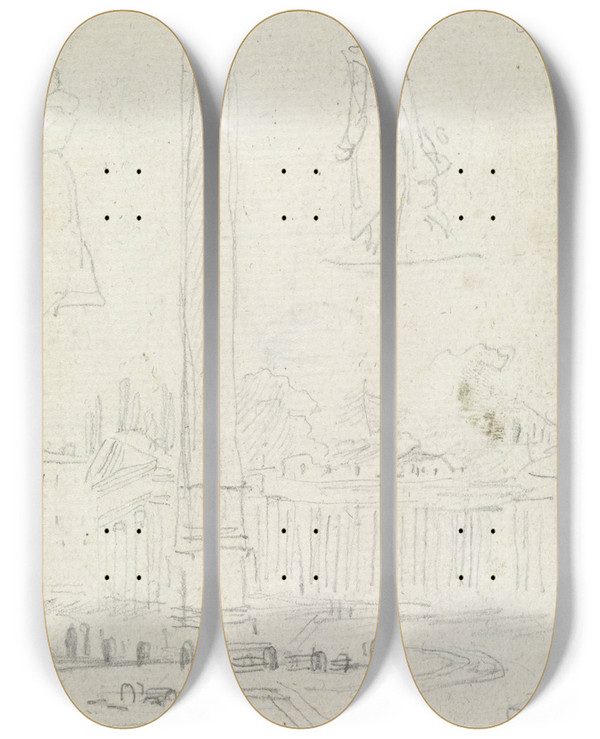 Triptych art skateboard deck of Hubert Robert The Obelisk In Saint Peters Square by Hubert Robert (1733-1808)