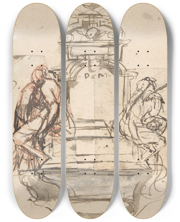 Triptych art skateboard deck of Pieter Verbruggen The Younger Design For A Sepulchral Monument With Two Figures by Pieter Verbruggen The Younger (1648-1691)