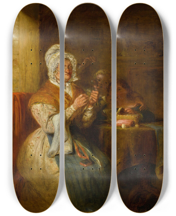 Triptych art skateboard deck of William Kidd Threading The Needle by William Kidd (1796-1863)