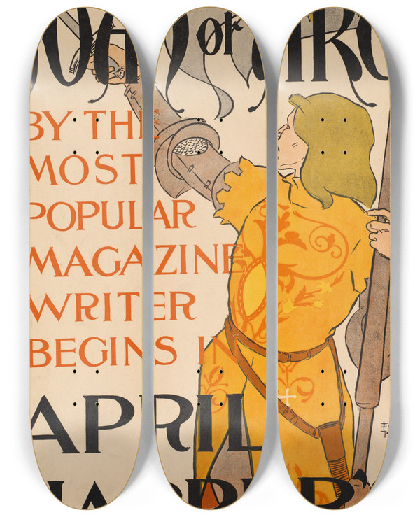 Triptych art skateboard deck of Edward Penfield Joan Of Arc April Harpers by Edward Penfield (1866-1925)