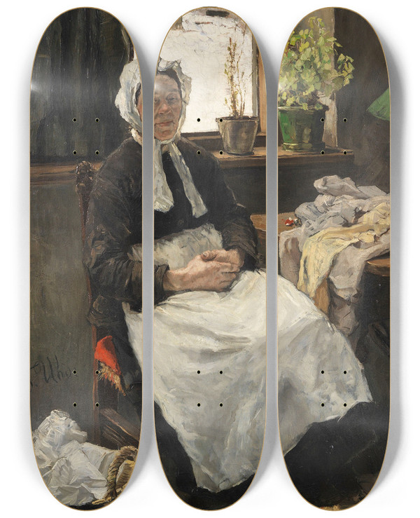 Triptych art skateboard deck of Fritz Von Uhde Die Alte Nherin by Fritz Von Uhde (1848-1911)